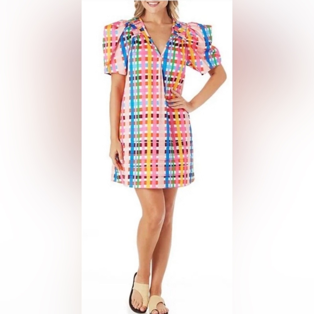 CROSBY by Mollie Burch Emilia V-Neckline Short Puff Sleeve A-Line Dress Medium